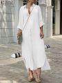 ZNAZEA Fashion Women Shirtdress Autumn Work OL Holiday Dress Solid Color Long Sleeve Buttons Down Casual Loose Dresses Hem Split.