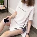 2023 Mid-Length T T-shirt Women's Short Sleeve Loose Summer Letters Slit Overknee round Neck T Women's T-shirt.
