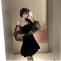New 2022 Black Retro Dress Women Lace Chiffon Mini Dress Female High Street Korean Fashion Dress Women Club Dress.