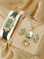 5PCS Set Fashion Women Rectangle Watches Ladies Business Green Leather Quartz Watch Womens Necklace Earrings Bracelet Wristwatch. 