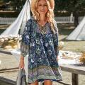 Womens Bohemian Dress Summer Floral Print V Neck Dresses Casual 3/4 Long Sleeve Beach Dress Green TEMOFON. 