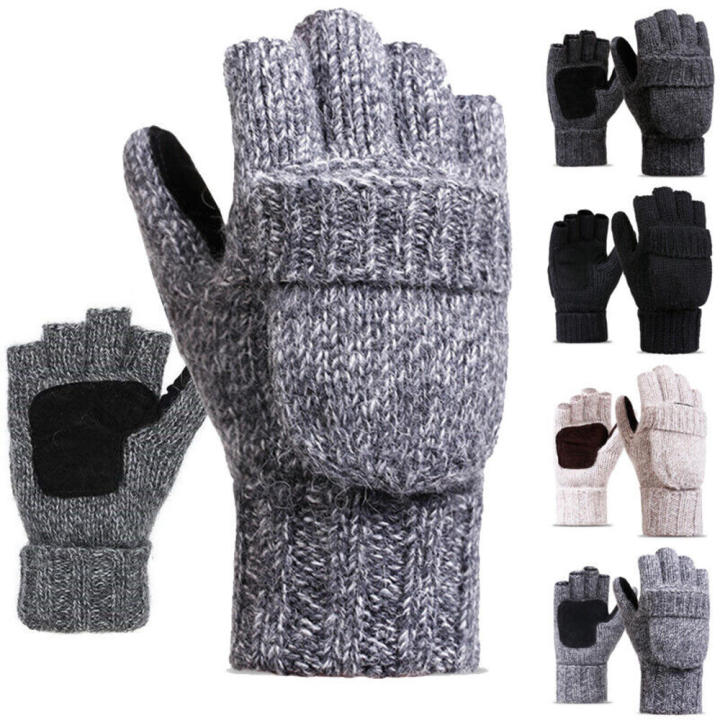 Knit Gloves Comfortable Warm Winter Flip Top Gloves Woolen Men Fingerless Gloves for Outdoor Activities Cold Weather Skiing