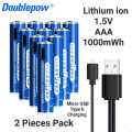 Doublepow Long Cycle Life AAA Size 1.5V 1000mWh High Performance Rechargeable Lithium-ion Batteries with Built-in Micro USB Charging Port & LED Indicator Facility - 2 Pieces (Blue).