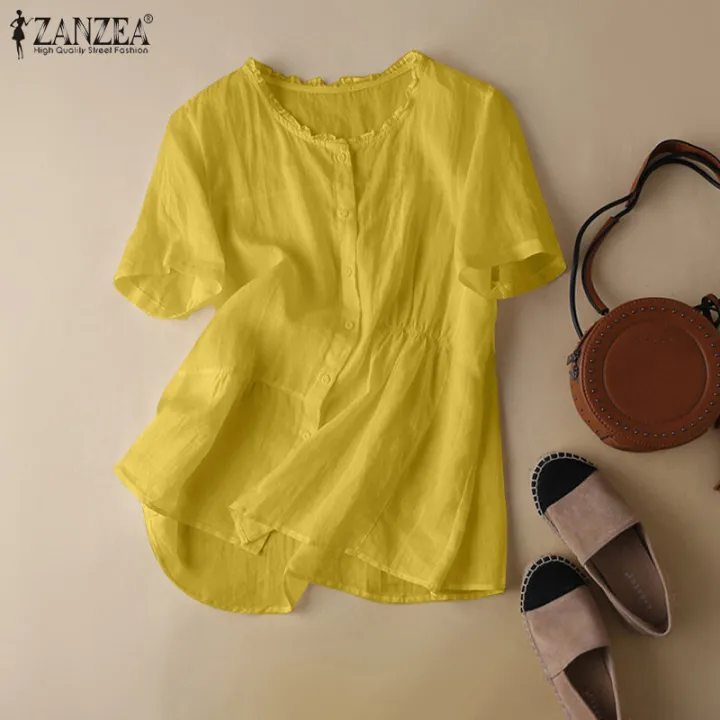 ZANZEA%20Women%20Short%20Sleeve%20Button%20O-Neck%20Shirt%20Summer%20Casual%20Cotton%20Baggy%20Blouse%20Tops%20#2%20-%20Image%203