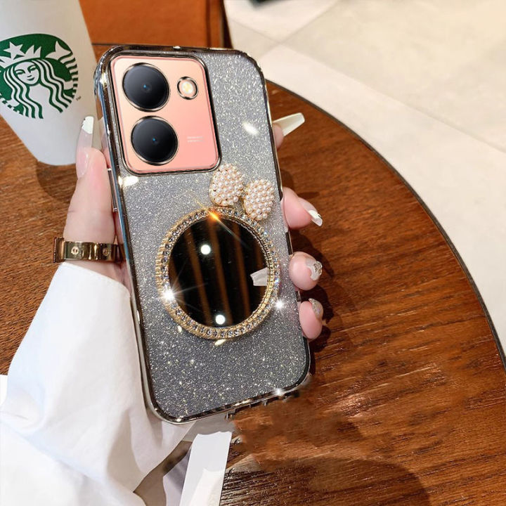 New Phone case Vivo Y03 4G Back Cover with Bow Makeup Mirror Luxury Shiny Gradient Plating Glitter Girls Slim Phone cases Transparent Soft Silicone Protective Pouch