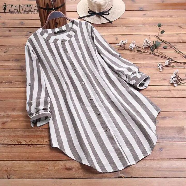 Oversized%20Women's%20Stripe%20Blouse%202023%20ZANZEA%20Spring%20Causal%20Shirts%20Button%20Down%20Blusas%20Elegant%20Female%20Long%20Sleeve%20Asymmetrical%20Tops%20-%20Image%205