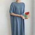 Women Summer Casual Oversized Straight Long Dress Batwing Sleeve Round Collar Pullover Solid Color Midi Dresses. 