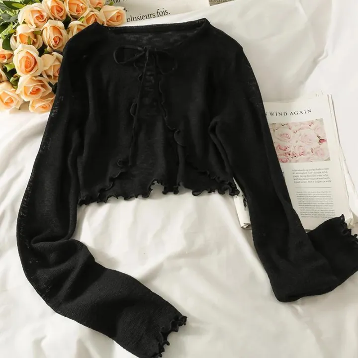 Women%20Frenum%20Cardigan%20Blouses%20and%20Tops%20Bow%20Lace%20Up%20Long%20Sleeve%20Crop%20Top%20Female%20Elegant%20Shirt%20Thin%20Aesthetic%20Clothes%20Korean%20Style%20-%20Image%202