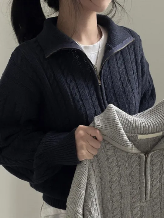 Women%20Autumn%20New%20Solid%20Color%20Sweater%202022%20New%20Half%20High%20Collar%20Knit%20Pullover%20Baggy%20Long%20Sleeve%20Zipper%20Lady%20Knitwear%20BF%20Oversize%20-%20Image%202