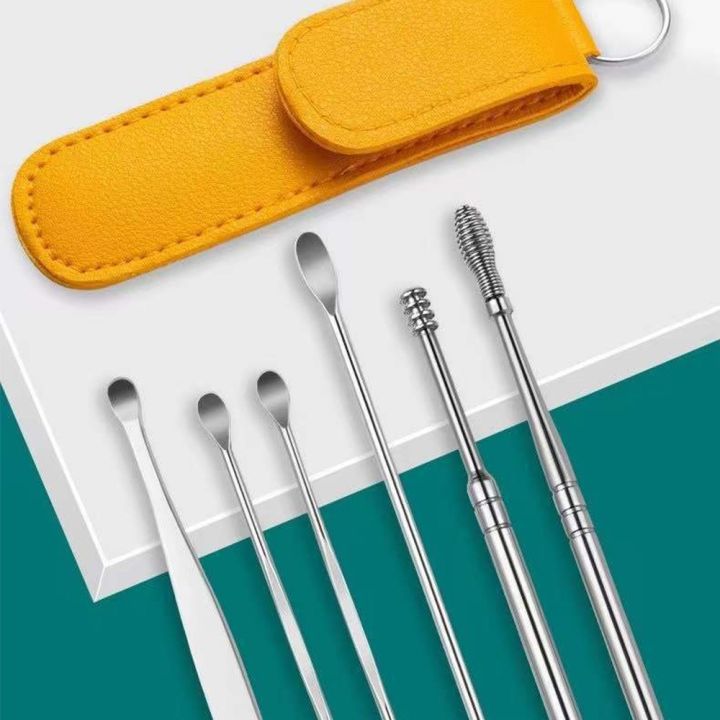 6 Piece Ear Pick Set Portable Year Cleaner Set Leather Case With Stainless Steel (Black & Yellow)