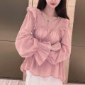 Ruffled Chiffon Shirt for Women Spring and Autumn New French Style Large Size Loose Slimming Slim-Fit Younger V Collar Pullover Top.