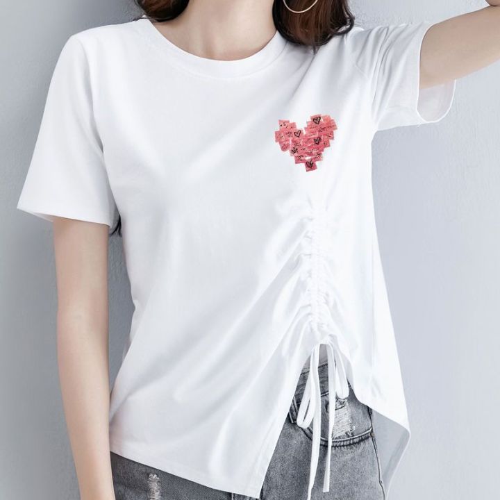 Short%20Sleeve%20T%20T-shirt%20Women's%20New%20Summer%20Korean%20Style%20Split%20Drawstring%20Irregular%20Versatile%20Split%20Loose%20Design%20Top%20ins%20-%20Image%206