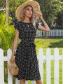 Women Polka Dot Print Vestido summer Elegant High Waist Short Sleeve Midi Dresses 2023 Beach Casual Floral Pleat A-line Sundress. 