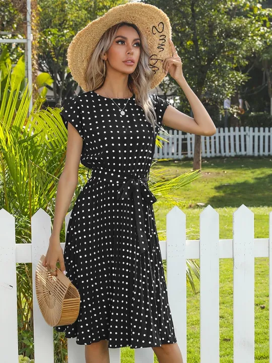 Women%20Polka%20Dot%20Print%20Vestido%20Summer%20Elegant%20High%20Waist%20Short%20Sleeve%20Midi%20Dresses%202023%20Beach%20Casual%20Floral%20Pleat%20A-line%20Sundress%20-%20Image%204