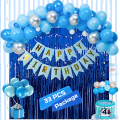 Blue Theme Celebration Kit- Blue Foil Backdrop Curtain, Light Blue Paper Birthday Banner, and a Stunning Mix of Metallic Balloons in Blue, Silver & White - Complete 33-Piece Party Decor Set. 