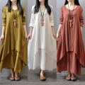 Summer Women Boho Vintage Kaftan Loose Gypsy Maxi Dress Two-piece Literary Irregular Large Swing Dress Robe.