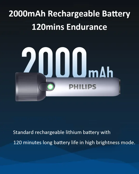 PHILIPS%20LED%20Flashlight%20Torch%20400LM,%202000mAh%20Rechargeable%20Torch%20Light%20with%202%20Modes,%20IP44%20Waterproof,%20Portable%20Flash%20Light%20for%20Home,%20Camping,%20Hiking,%20Emergency%20,Gray%20-%20Image%205