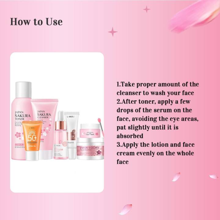 LAIKOU%20Japan%20Sakura%20Toner/%20Sunscreen%20SPF50+%20/%20Cleanser/Serum/Eye%20Cream/%20Essence%20Cream%20/Lip%20Mask%20Combo%20set%207%20pcs%20-%20Image%204