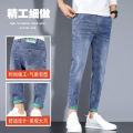 Spring and Autumn Jeans Men's Slim Fit Skinny2023New Printing Stylish Blue Men's Clothing Casual Ankle-Length Pants.