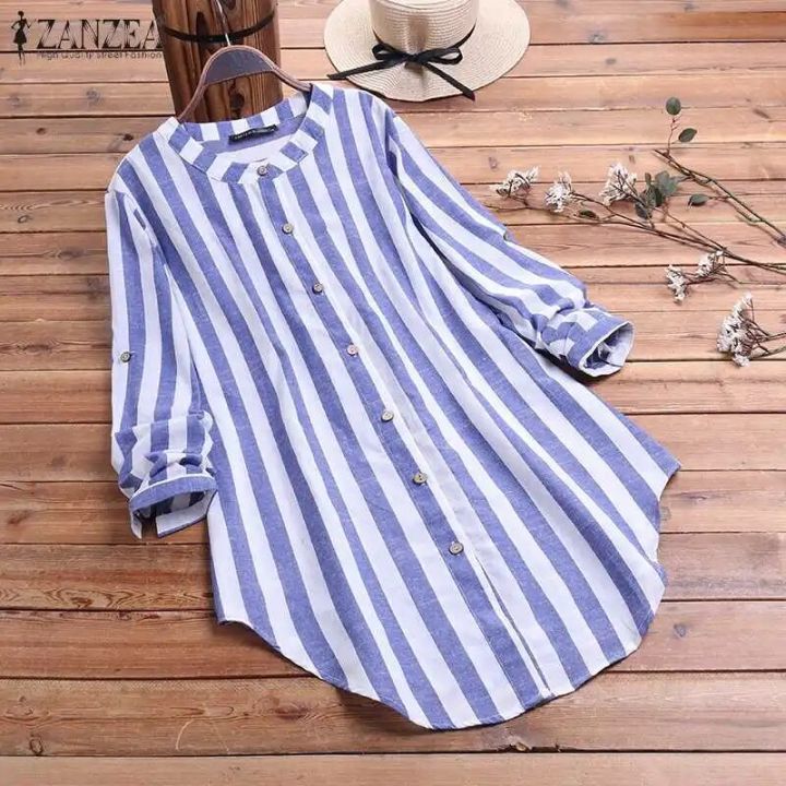 Oversized%20Women's%20Stripe%20Blouse%202023%20ZANZEA%20Spring%20Causal%20Shirts%20Button%20Down%20Blusas%20Elegant%20Female%20Long%20Sleeve%20Asymmetrical%20Tops%20-%20Image%207