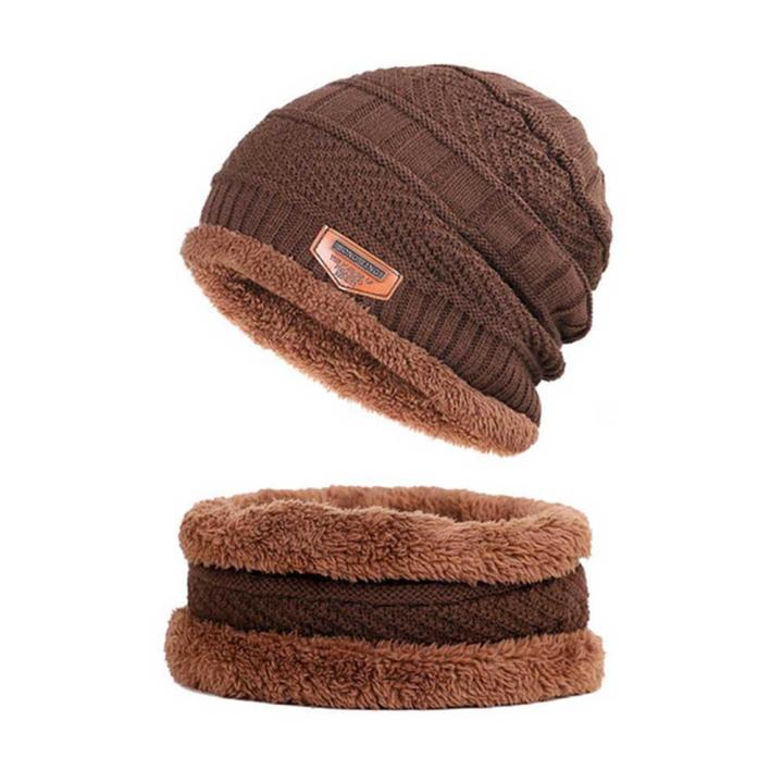 2PCS Men Beanie Hat Scarf Set, Winter Soft Warm Wool Lined Thick Knitted Lining Cap+Circle Scarf Kit, For Men&Women