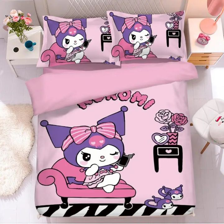 Sanrio Cartoon Cute Kuromi Bed Four-piece Set Student Dormitory Bunk Single Bed Girly Heart Cartoon Picture Three-piece Set