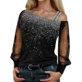 Sequin Mesh Cold Shoulder Blouse Splice Long Sleeves Loose Shiny Glitter Tunic Top Casual Womens Tops And Blouses. 