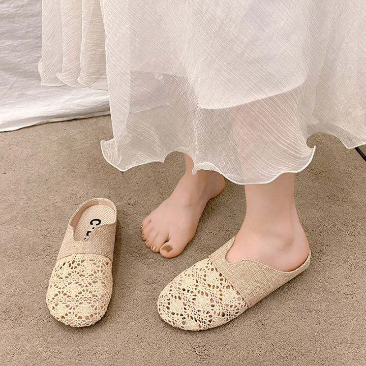 Retro Baotou Half Slippers Women's Summer Wear 2024 New Hollow Lace Flat Bottom One Foot Slippery Linen Sandals