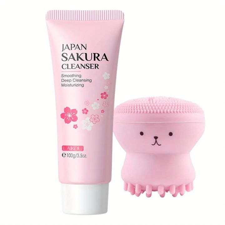2 Pack Set Silicone Octopus Facial Cleansing Brush with Japan Sakura Cleanser Deep Cleansing Moisturizing 50g
