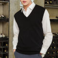 Men Knitted Vest Wear-resistant Men Solid Color V-neck Pullover Waistcoat.