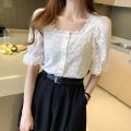 Fashion Summer Short Sleeve Shirts Woman White Blouse Women 2023 Elegant Square Collar Hollow Out Korean Lace Shirt Blusas 13934. 