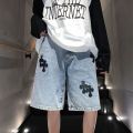 American cross-print denim shorts men's summer thin Hong Kong style loose trousers trendy brand retro casual mid-pants y2k tops.