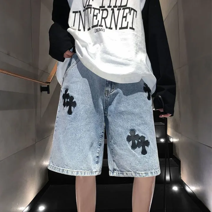 American%20cross-print%20denim%20shorts%20men's%20summer%20thin%20Hong%20Kong%20style%20loose%20trousers%20trendy%20brand%20retro%20casual%20mid-pants%20y2k%20tops%20-%20Image%203
