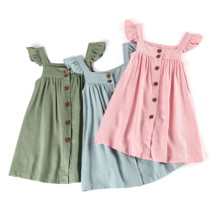 Premium Quality - Baby Girls Linen Dress Summer Solid Spaghetti Strap Sleeveless Kids Girls Clothing - Couture - High-end