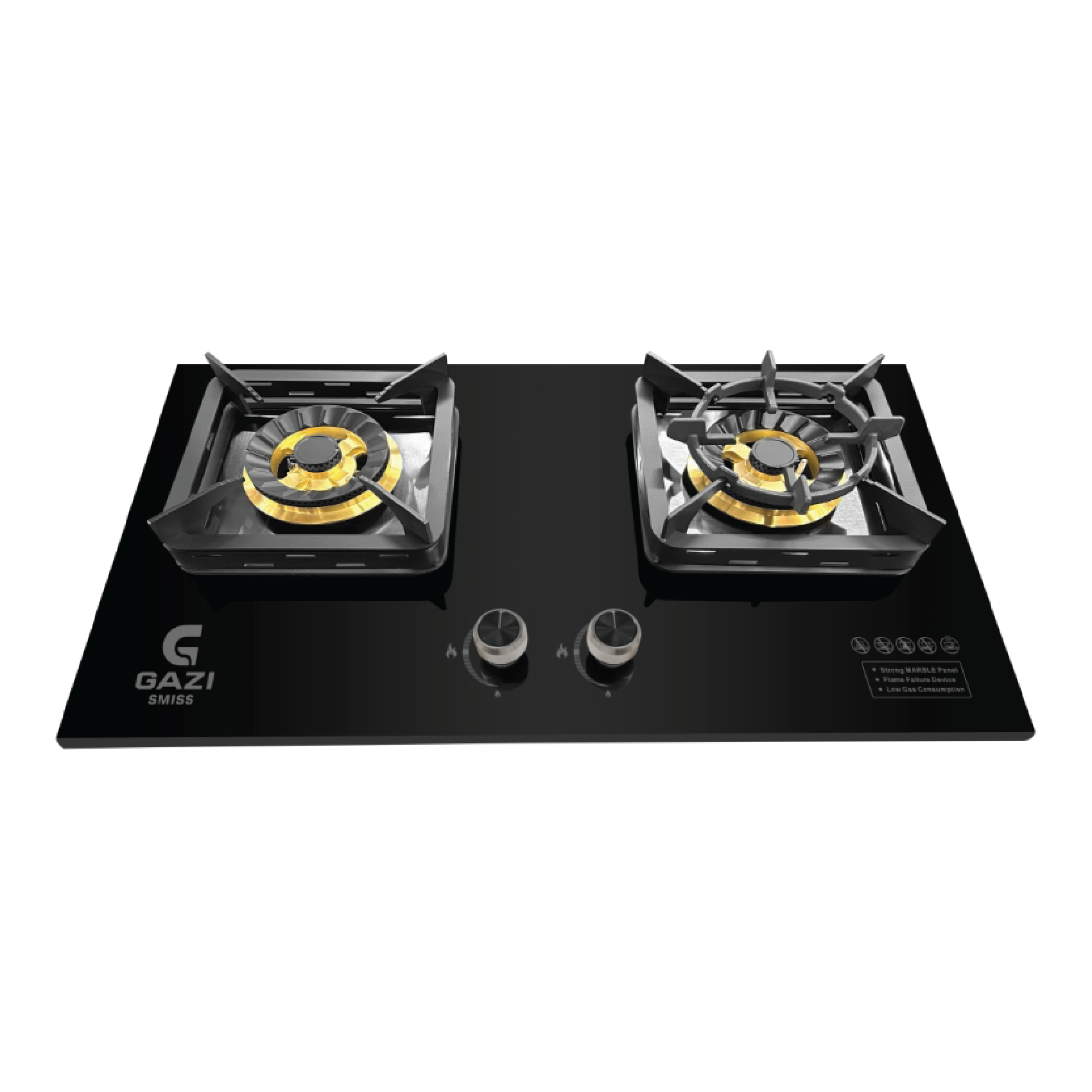 Gazi GH-8203M Petaloid Brass Ceramic Marble Double Burner Cap Gas Stove NG or LPG