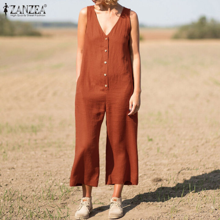 ZANZEA Women Summer Cotton Linen Sleeveless Jumpsuit Loose Casual V Neck Solid Playsuit