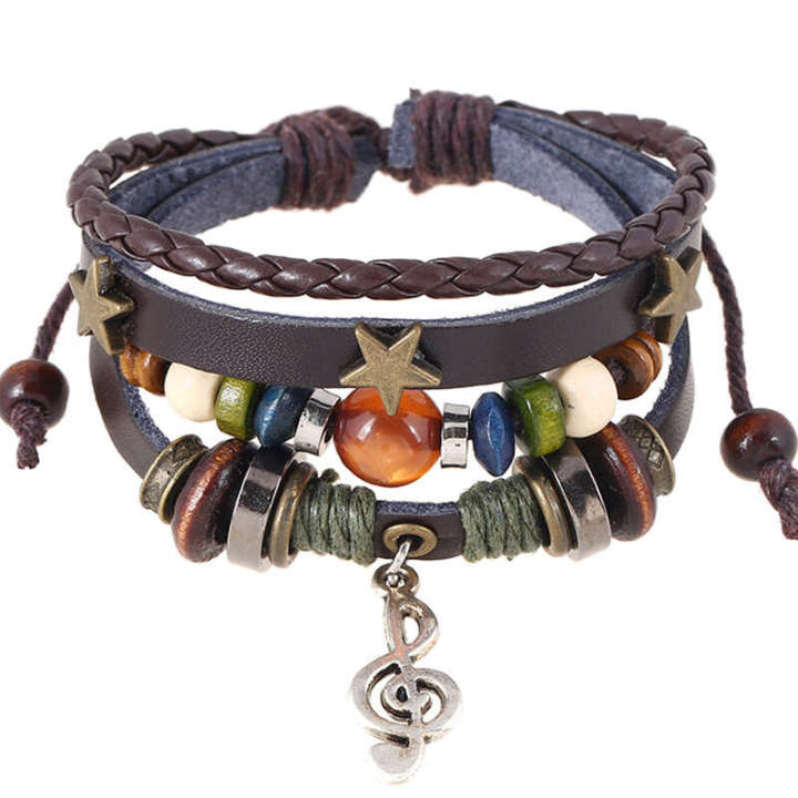 New Jewelry Simple Multi layered Beaded Leather Personalized Note Pendant Bracelet Music Festival Accessories