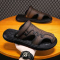 Mens leather sandals Summer Classic Mens Slippers soft sandals fashion casual comfortable outdoor beach walking shoes.