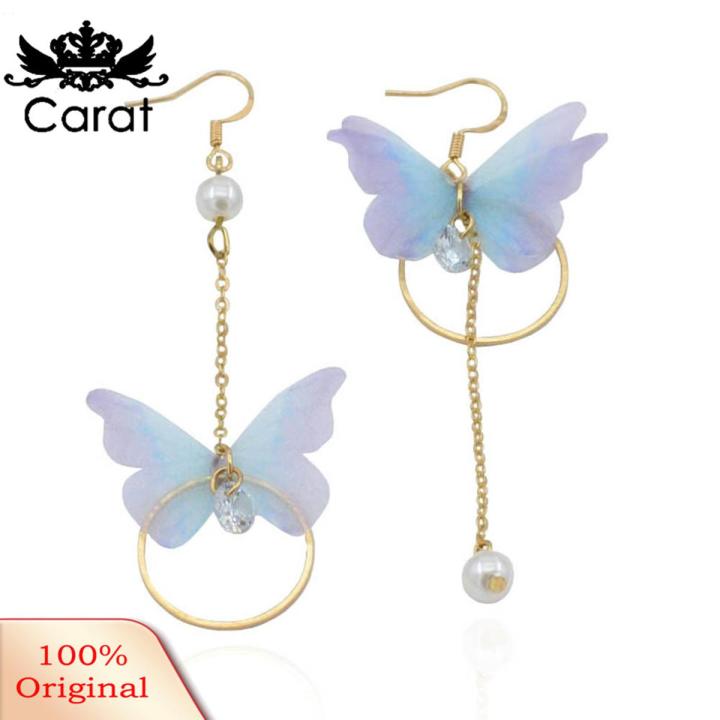 Sweet Women Butterfly Gauze Circle Faux Pearl CZ Long Dangle Asymmetric Earrings