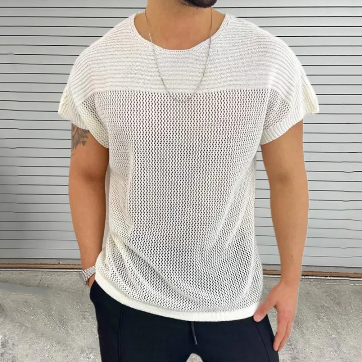 Knitting%20Hollow%20Out%20Breathable%20Thin%20T%20Shirt%20Mens%20Summer%20Fashion%20Pure%20Color%20Knitted%20T-shirts%20Men%20Casual%20O%20Neck%20Short%20Sleeve%20Tops%20-%20Image%205