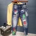 Men's Graffiti Jeans Fashion Spray Paint Ripped Hole Personality Hip-hop Streetwear Male Clothing Slim Youth Denim Trousers. 