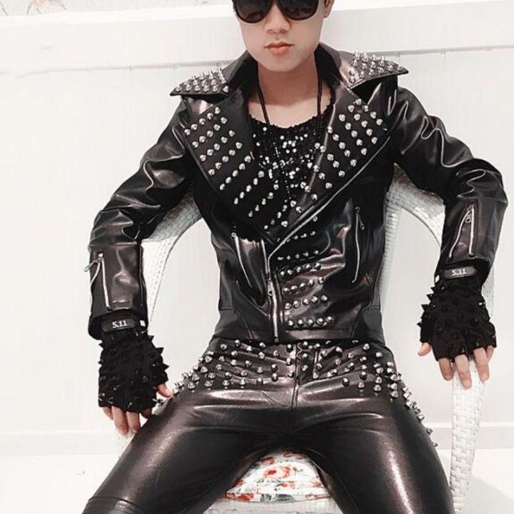 Punk Leather Leather Biker Jacket With Spikes Fashion New Mens