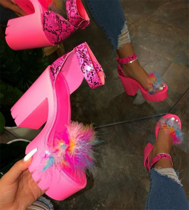 Platform Sandals for Women's Super High Heel Sandals Summer Ladies Open Toe Plush Embellished Woman Sandal Mujer Sandalias