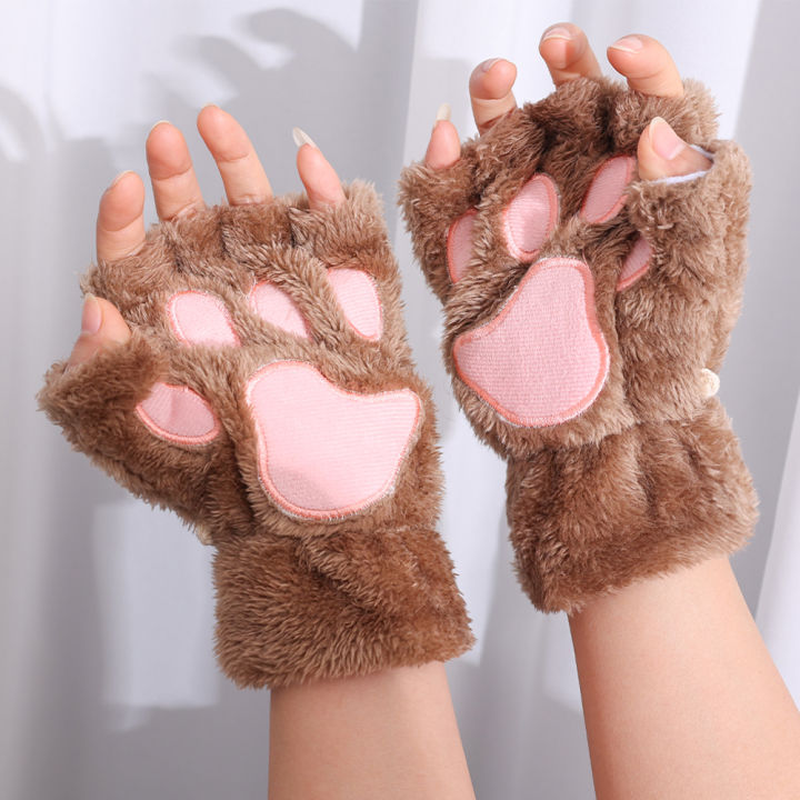Winter Warm Cartoon Cat Paw Gloves For Women Girls Thermal Fingerless Gloves Cute Soft Short Plush Half Finger Gloves 1Pair