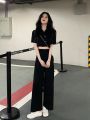 Summer Two Pieces Set Women Summer Korean Short Sleeve Shirt Female Black Casual Sets Suit Black Blouse Wide Leg Pants Suit 2XL.