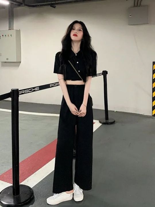 Summer%20Two%20Pieces%20Set%20Women%20Summer%20Korean%20Short%20Sleeve%20Shirt%20Female%20Black%20Casual%20Sets%20Suit%20Black%20Blouse%20Wide%20Leg%20Pants%20Suit%202XL%20-%20Image%202