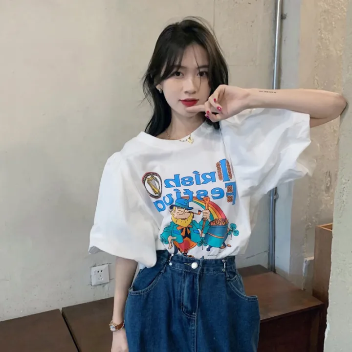 IELGY%20Korean%20style%20white%20cartoon%20print%20short%20sleeve%20t-shirt%20women%20loose%20-%20Image%205