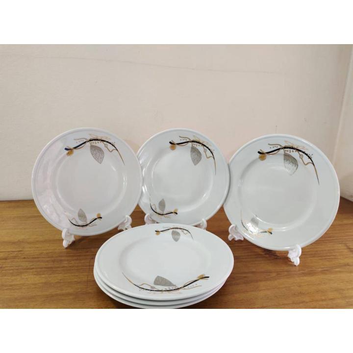 6 Pcs Ceramic Dinner Plate Set 9"Inch , Flat Rice Dinner Plate, White Color Wikth print. Microwave oven save, Dining Plate Set. CD:M00