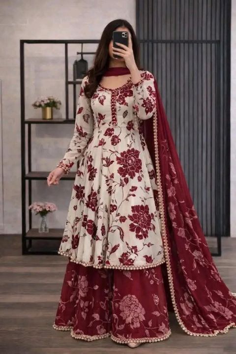 Premium Floral Print Gharara Set with Pearl Border Work.