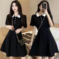 Black Dress French Style Women Waist Shaping Polo Collar Waist Connector Mini Personality Frock Summer College Leisure Style.